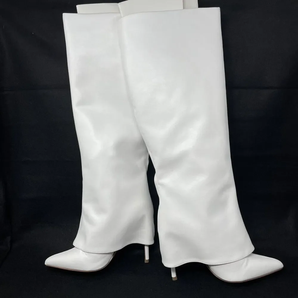 Pretty Little Thing White‎ Pointed Fold Over Stiletto Heel Knee Boots NIB Size 5